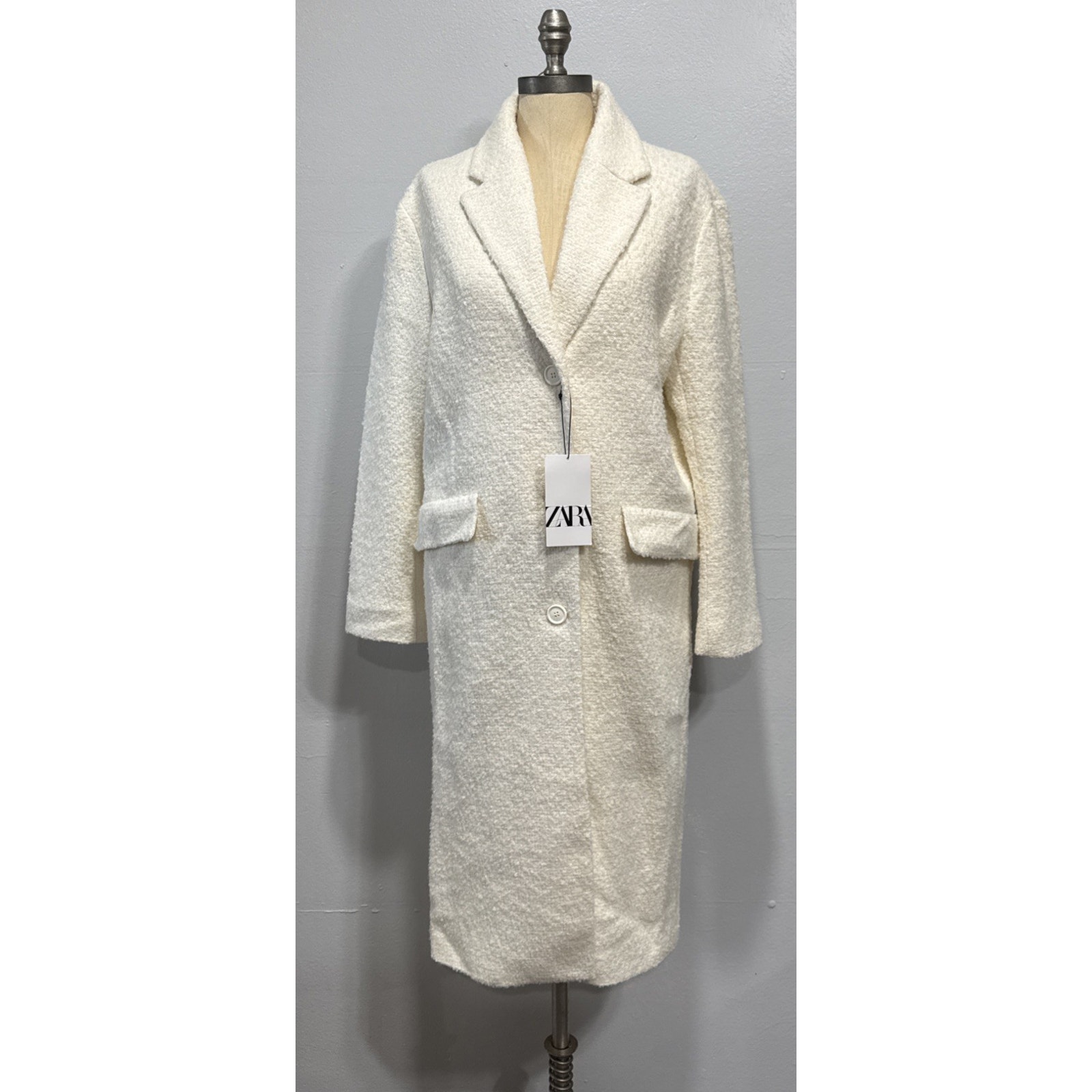 Zara Womens Straight-Cut Wool Blend Coat Ecru/White Small Textured 8471/449/712